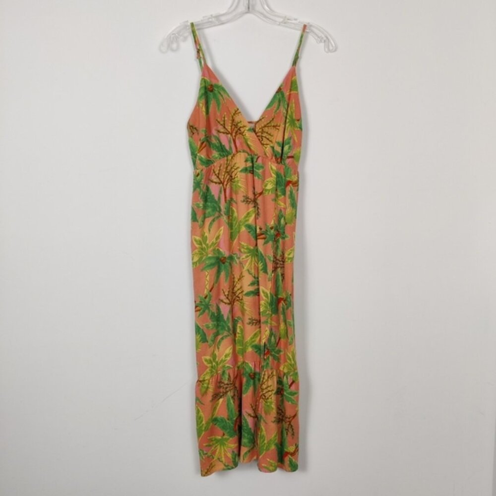 Monteau Women's Floral Jumpsuit Size Medium Coral Green Tropical Bohemian Linen